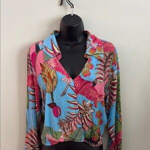 RACHEL Rachel Roy Tropical Collared V-Neck Blouse in Blue and Pink